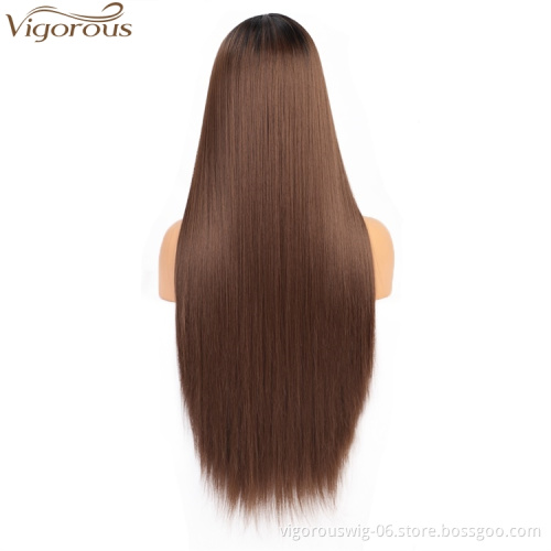 Vigorous Fashion Girl Cheap Long Silky Straight Wigs Lace Middle Part Ombre Brown Wigs For White Women Heat Resistant